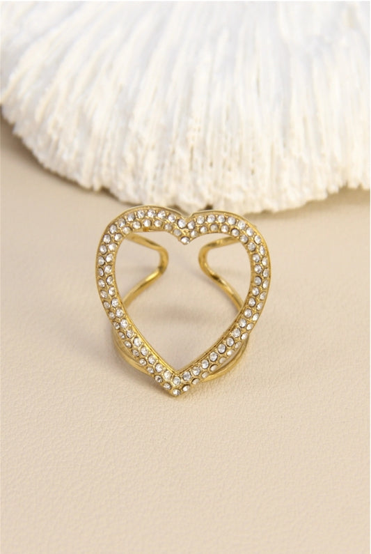 Bague ajustable cœur en acier inoxydable ornée de strass