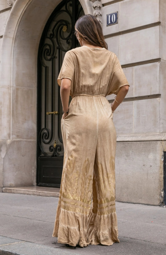 Combinaison longue fluide,coupe ample à imprimée effet dorure en Bohême,