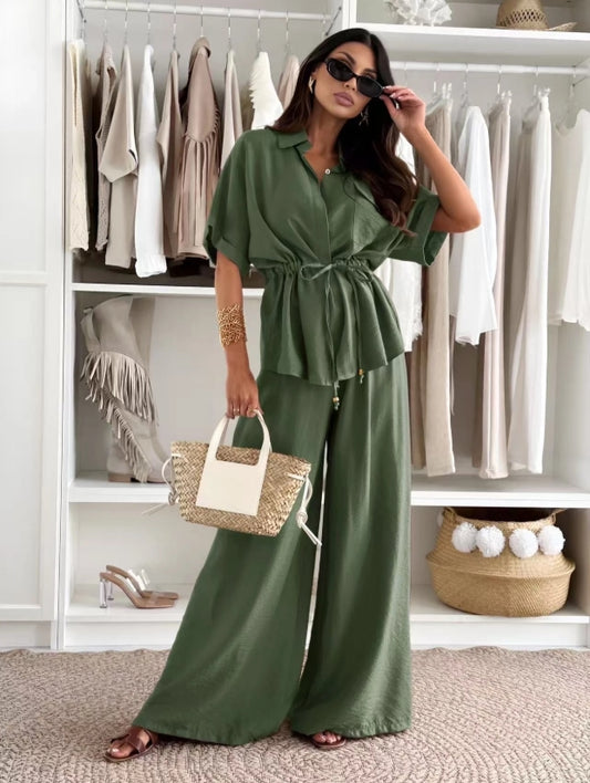 Ensemble chic Chemise ceinturée avec Pantalon large