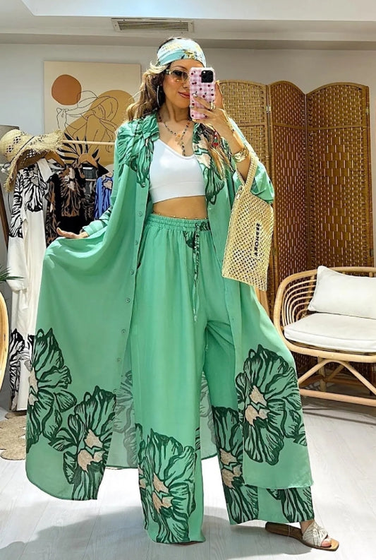 Ensemble long à motif – Chemise fluide & pantalon