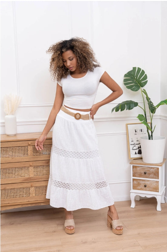 Jupe dentelle en coton avec ceinture