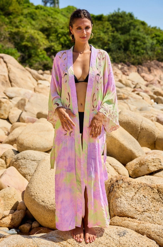 kimono couleur ombrée, broderie découpée devant et derrière, fentes sous les bras