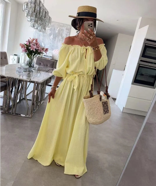 Robe en gaze de coton épaule dénudé col bardot avec lien