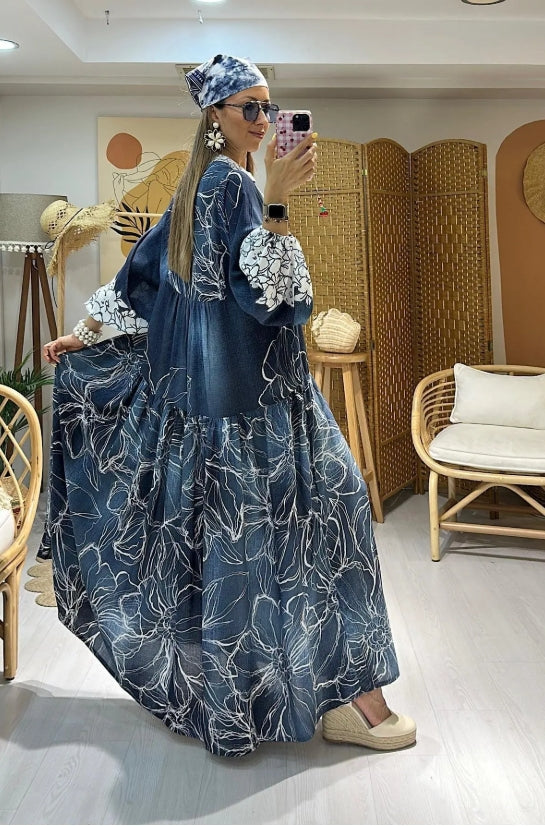 Robe longue fluide en viscose – Manches longues & motifs d’été