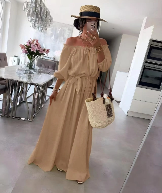 Robe en gaze de coton épaule dénudé col bardot avec lien