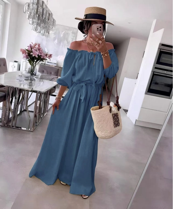 Robe en gaze de coton épaule dénudé col bardot avec lien