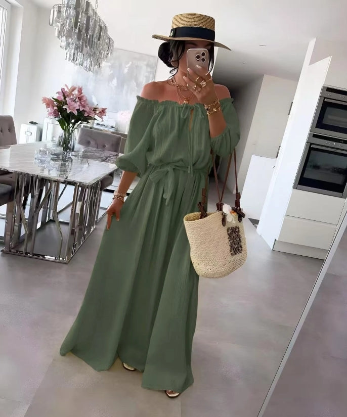 Robe en gaze de coton épaule dénudé col bardot avec lien