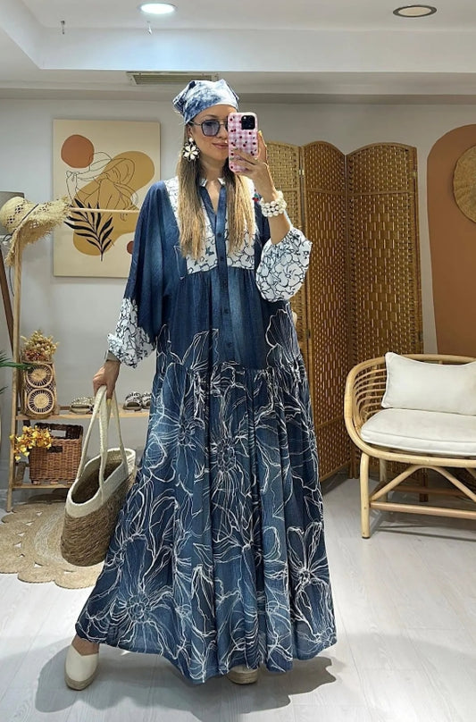 Robe longue fluide en viscose – Manches longues & motifs d’été