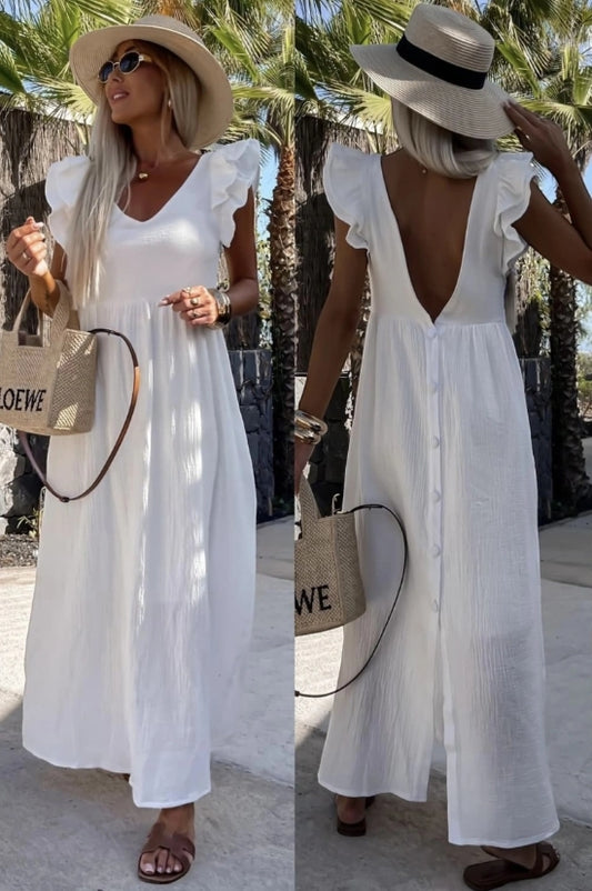 Robe longue bohème chic avec volants et dos boutonné