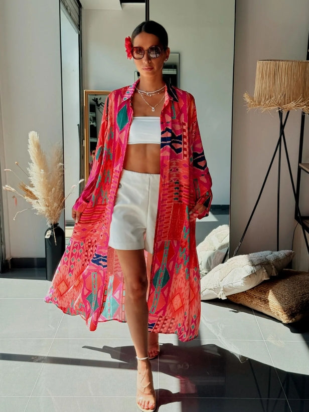 Robe Chemise Longue à Imprimée Fluide Rose en Viscose – Spécial Été